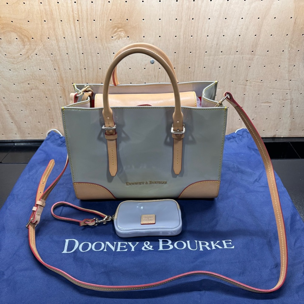 Dooney & Bourke Green Tan Satchel Bag Gray Wristlet Dust Bag Set